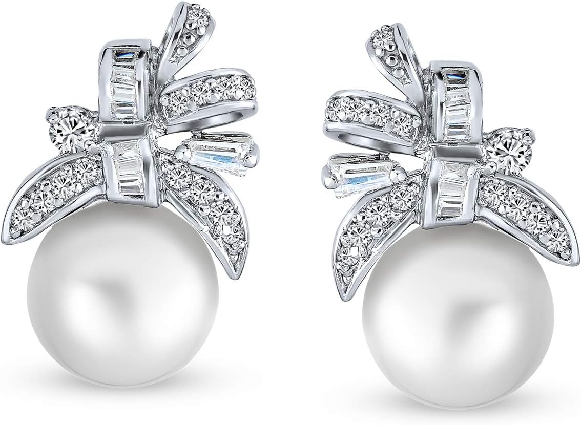 Vintage Victorian Holiday Style Cocktail Wedding Bridal Clear Blue Ribbon baguette Cubic Zirconia CZ Bow Drop Stud Earrings For Women Silver Plated - Image 2