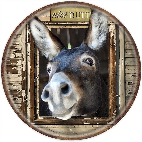 Finamille Bonito burro divertido para decoración de baño, letrero de metal redondo vintage, pintura de hierro para baño, hogar, bar, café, cocina,