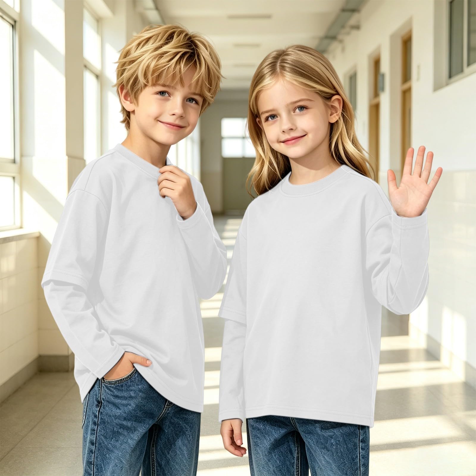 Maglietta a maniche lunghe unisex per bambini, tinta unita | T-shirt in cotone morbido e confortevole per ragazzi e ragazze casual girocollo traspirante magliette sportive autunno top