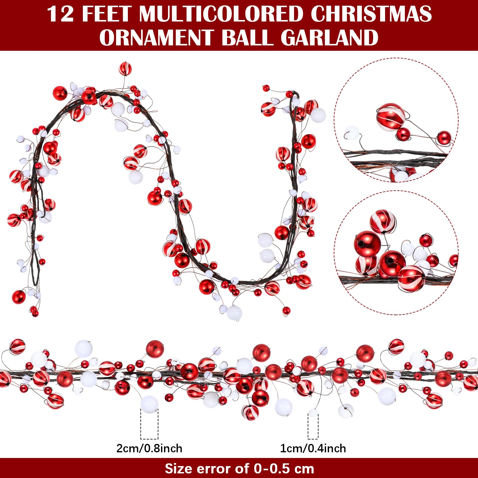 WILLBOND Guirlande de boules de Noël à suspendre pour sapin de Noël, cheminée, couronne de 3,7 m, rouge et blanc