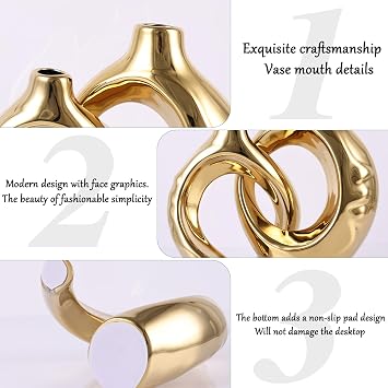 Gold Ceramic Vase Set of 2, Modern Donut Vases for Living Room Decor