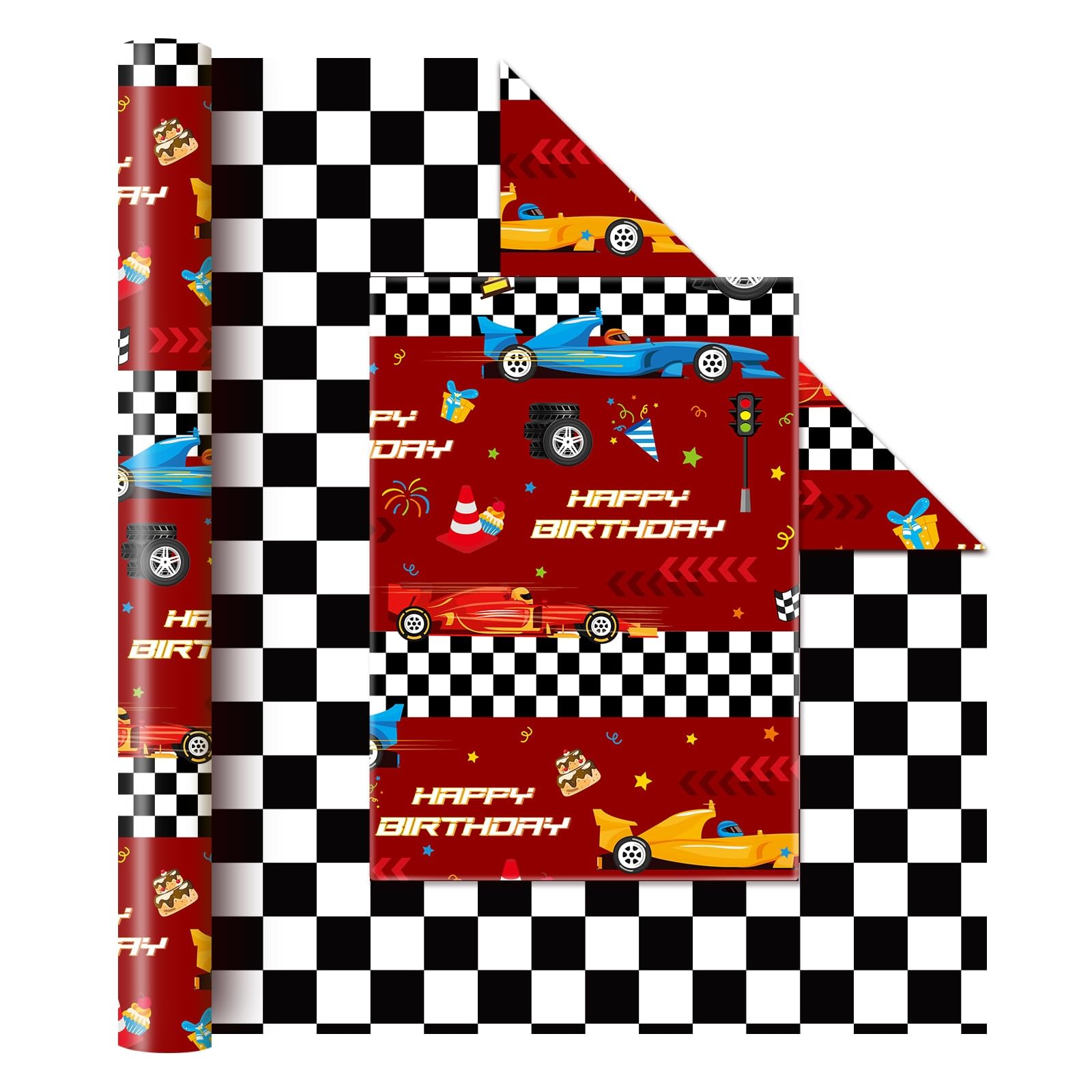 WERNNSAI Race Car Wrapping Paper - 1 Roll 17” x 33 ft Racing Cars Wrapping Paper Roll Plaid Jumbo Roll for Boys Birthday Kids Racing Car Party Gift Packing Favor Gift Wrap Checkered Design