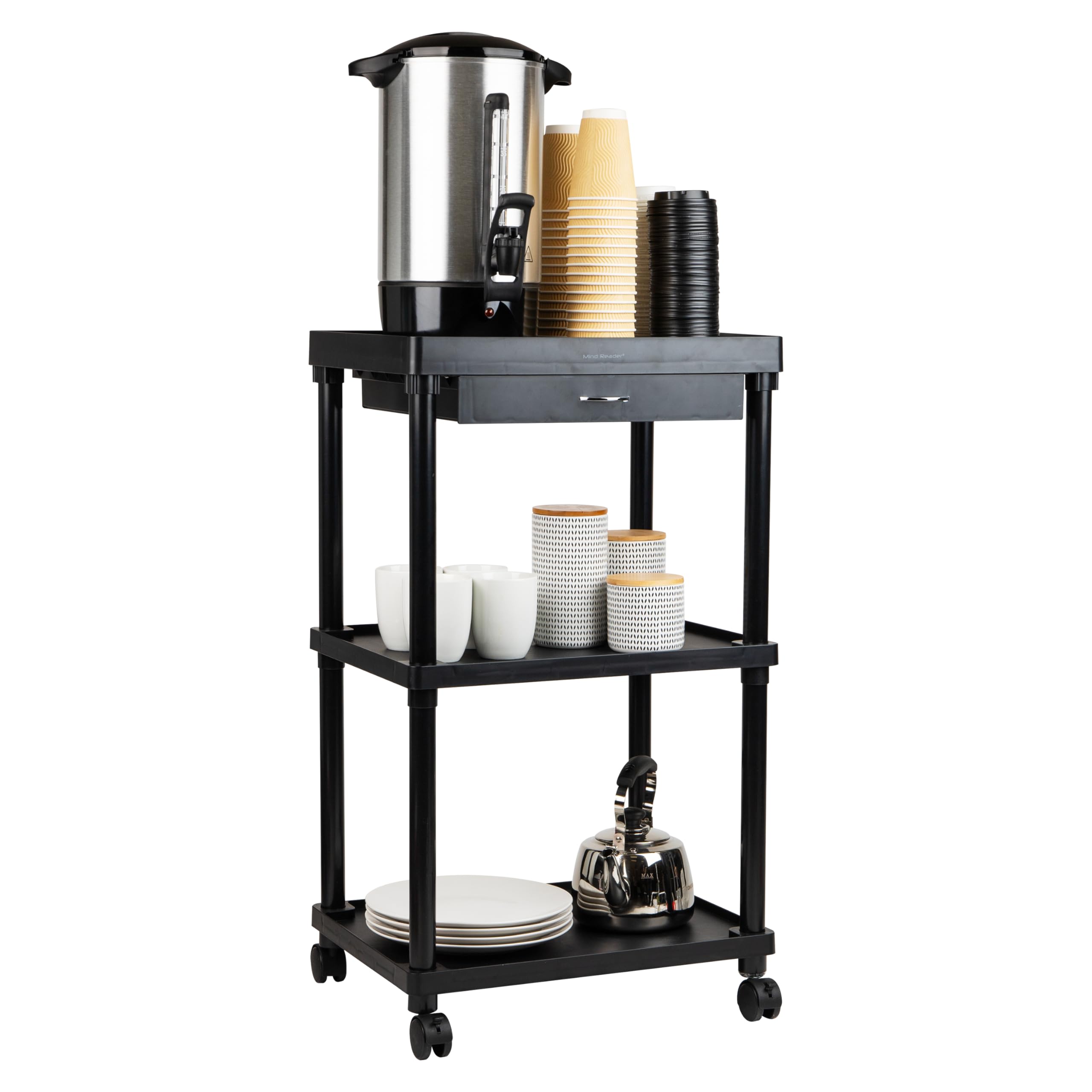 Mind Reader Carrito de café rodante de 3 Niveles, Negro, plástico y Metal, 20 x 15 x 35 Pulgadas