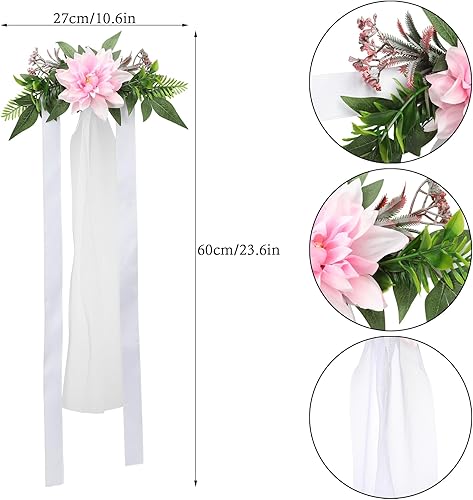 Miniatura 6 de Juego de 6 decoraciones para sillas de pasillo de boda, flores artificiales con cintas, sillas, respaldo de banco, arreglo floral para decoración de