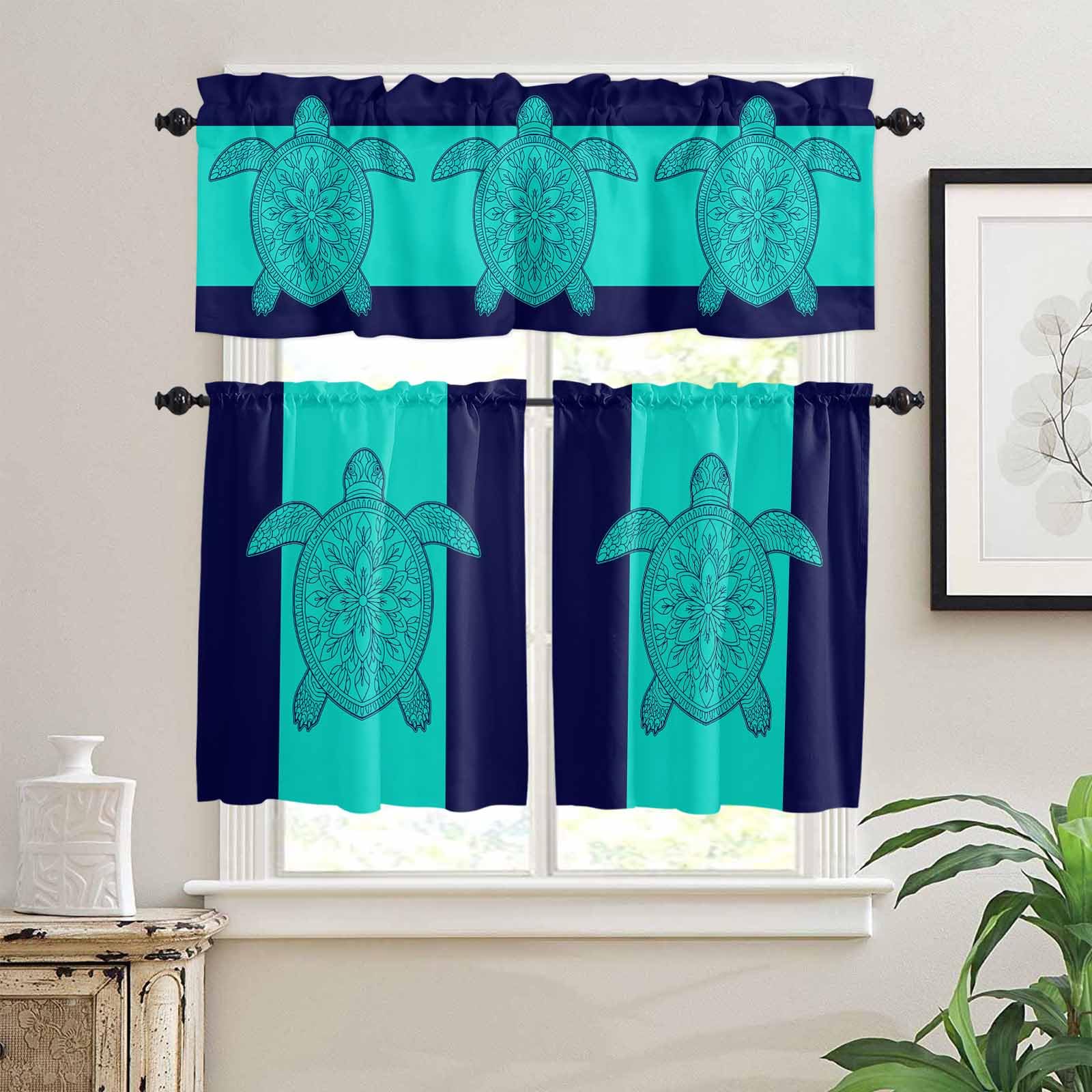 Turtle Mandalas Kitchen Curtains 36 Inch Length,3 Piece Rod Pocket Small Half Tiers and Valance Set,Boho Modern Abstract Blue Stripe Summer Small Large Window Treatment Decor for Bedroom/Bathroom