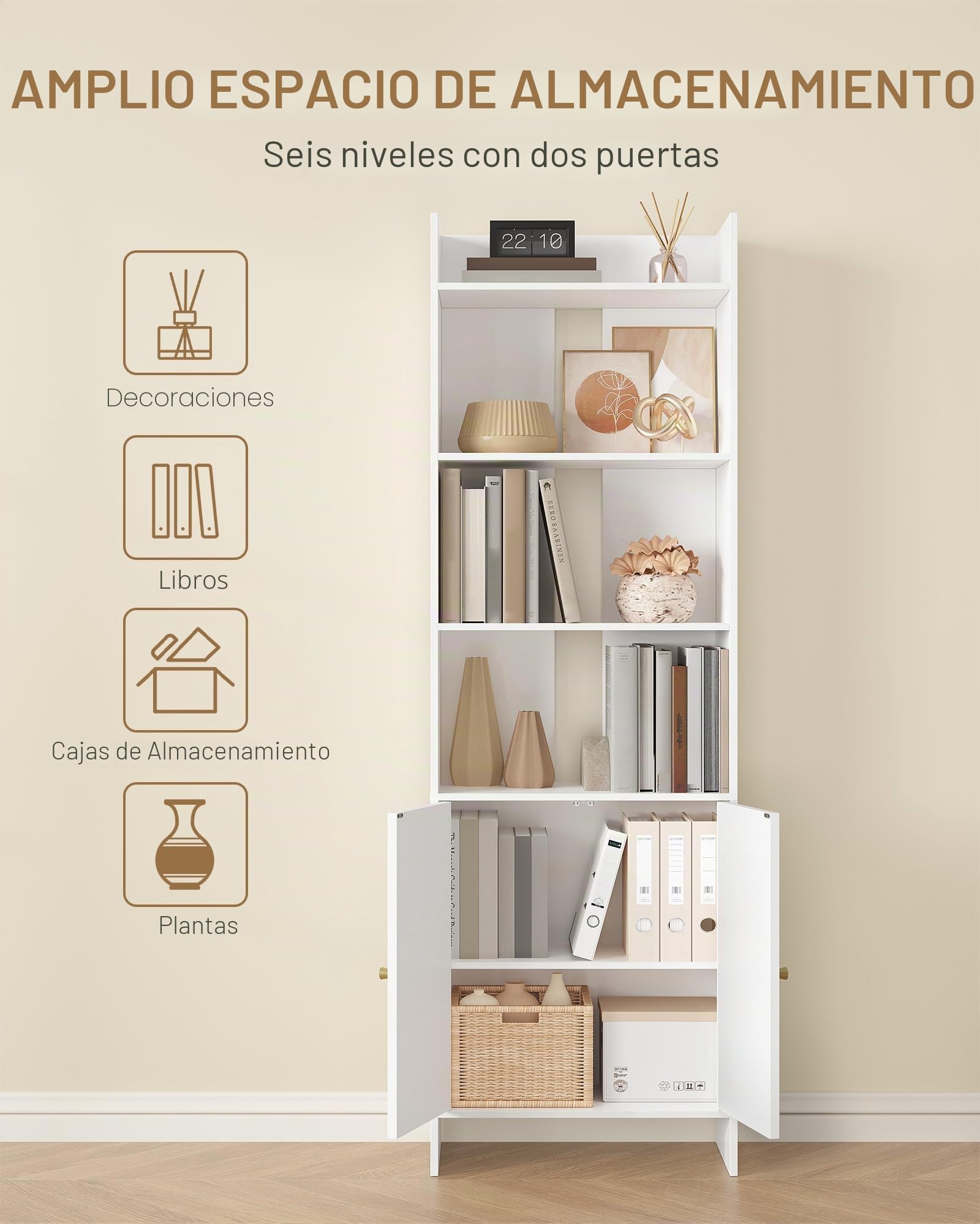 Hzuaneri Librería de 2 Puertas, Estantería de 6 Niveles, Amplio Armario, Estantería de Almacenamiento para Salón y Oficina en casa, 24 x 48 x 169,2 cm, Blanco, BC62003X
