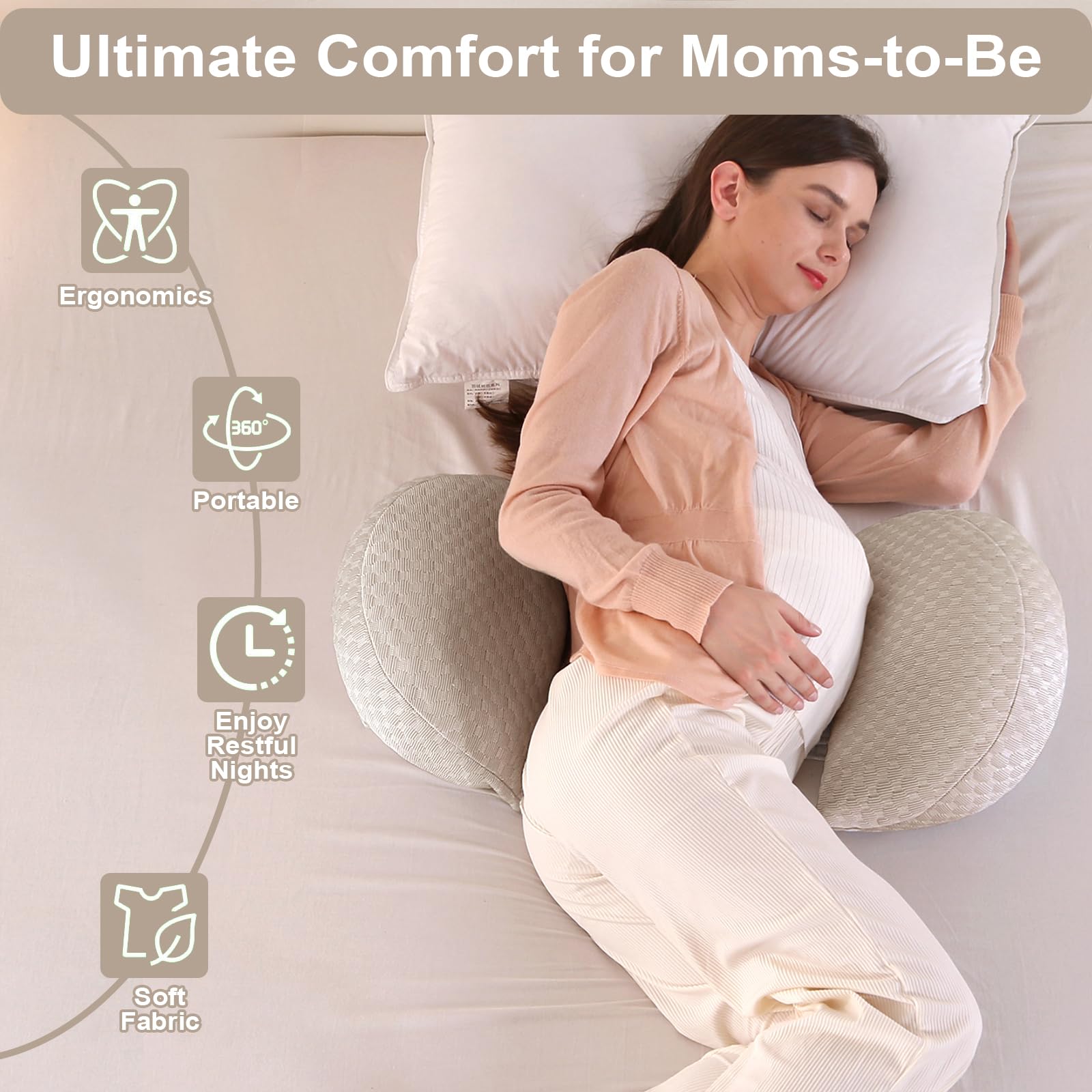 Cuscino Gravidanza per Dormire, Cuscino allattamento e Gravidanza con Fodera Raffreddamento Bambù Morbida Setosa, Cuscino Supporto Comfort Regolabile per Tutto Il Corpo e Maternità(Cachi & Piccolo)