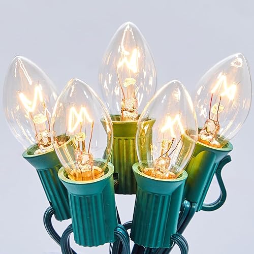 Vista 9 de Brightown C7 Luces de Navidad para exteriores de 25 pies, color blanco cálido, cadena de luces de Navidad de alambre verde para habitación, línea