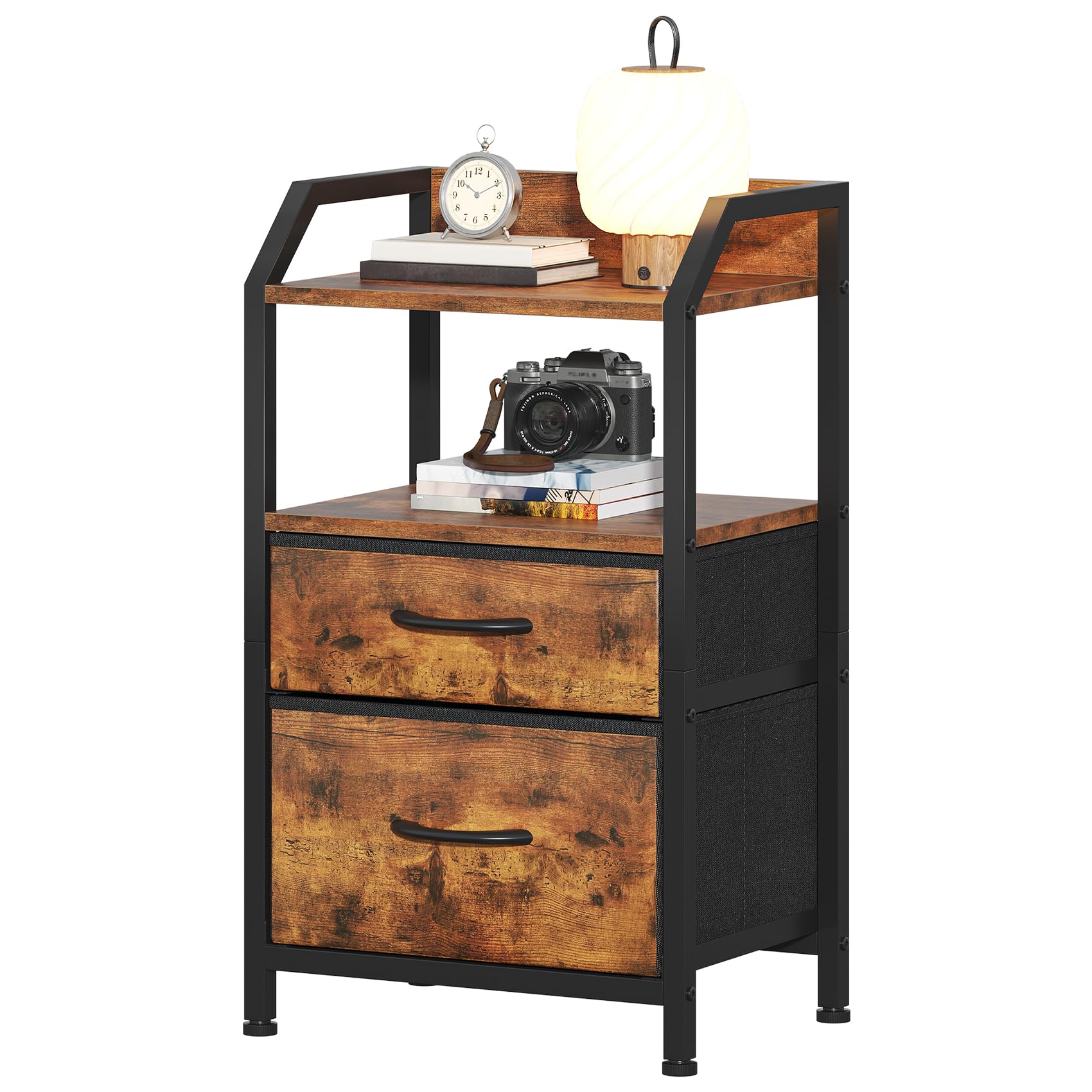 Noblik Bedside Table with 2 Fabric Drawers, Bedside Cabinet with Open Storage Shelf, Small Side End Table for Small Spaces, Bedroom, Living Room & Office, Modern Nightstand Organiser (Rustic Brown)