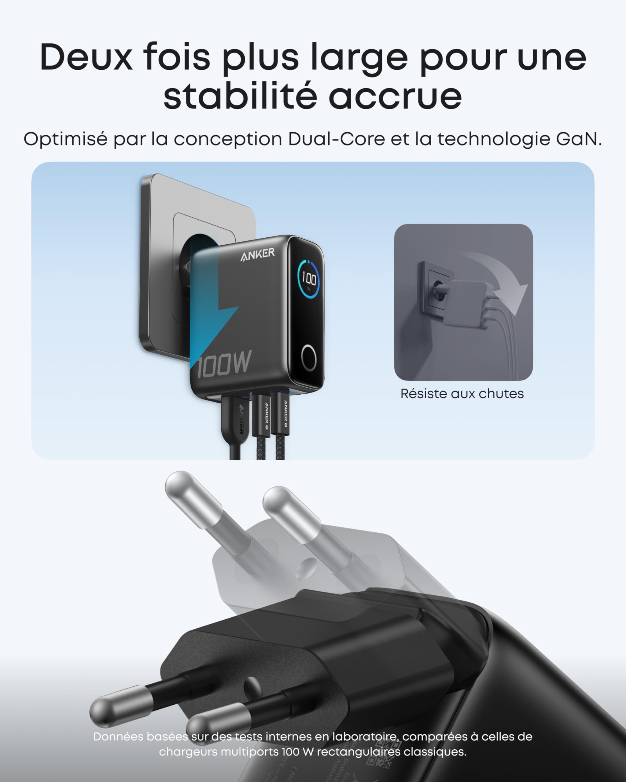 Anker Chargeur USB C 100W Max 3 Ports, Adaptateur Ordinateur Portable Mural GaN et Ultra-Compact, écran Intelligent et Contrôle Tactile, pour MacBook, iPad, iPhone séries 17 16 15 et Plus