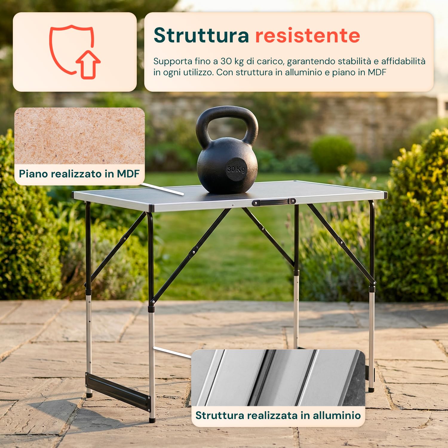 Tavolo Pieghevole Set da 3 con 4 Altezze Regolabili, Struttura in Alluminio e Piano in MDF, per Campeggio, Giardino ed Eventi, Leggero, Salvaspazio e Facile da Trasportare
