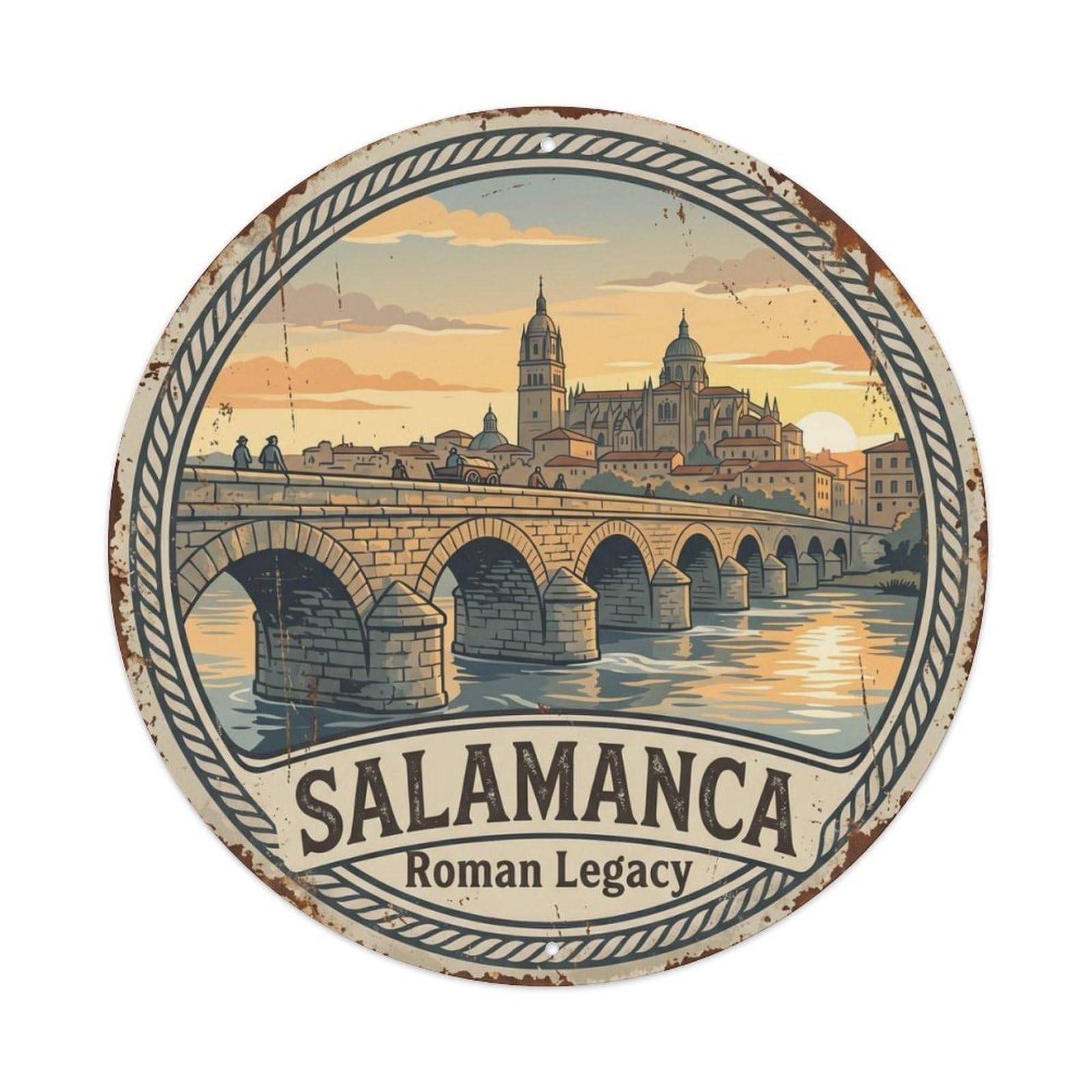Vintage Travel Salamanca Roman Bridge Metal Tin Sign Plaque Wall Decor for Cafe, Club Bar, Office, Home Garden Round Metal Poster 8x8Inch