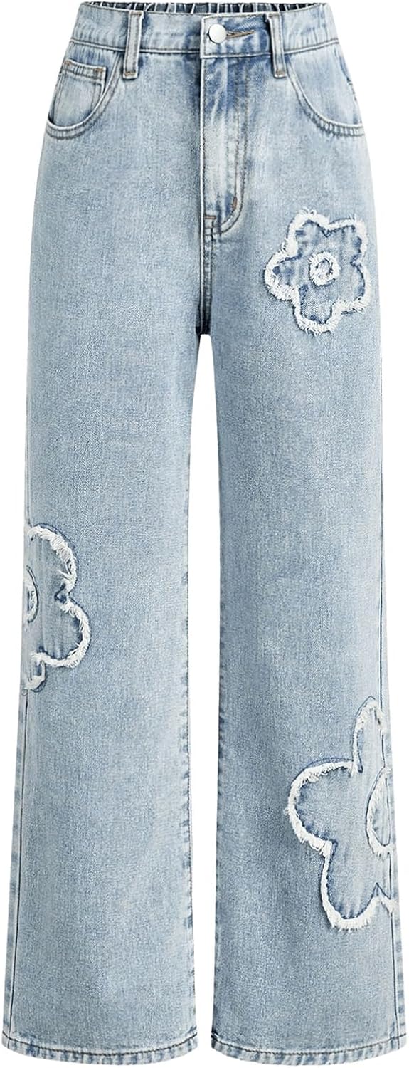 WDIRARA Girl's Bowknot Print Washed Jean Elastic Waist Denim Pants Straight Leg Trousers with Pockets