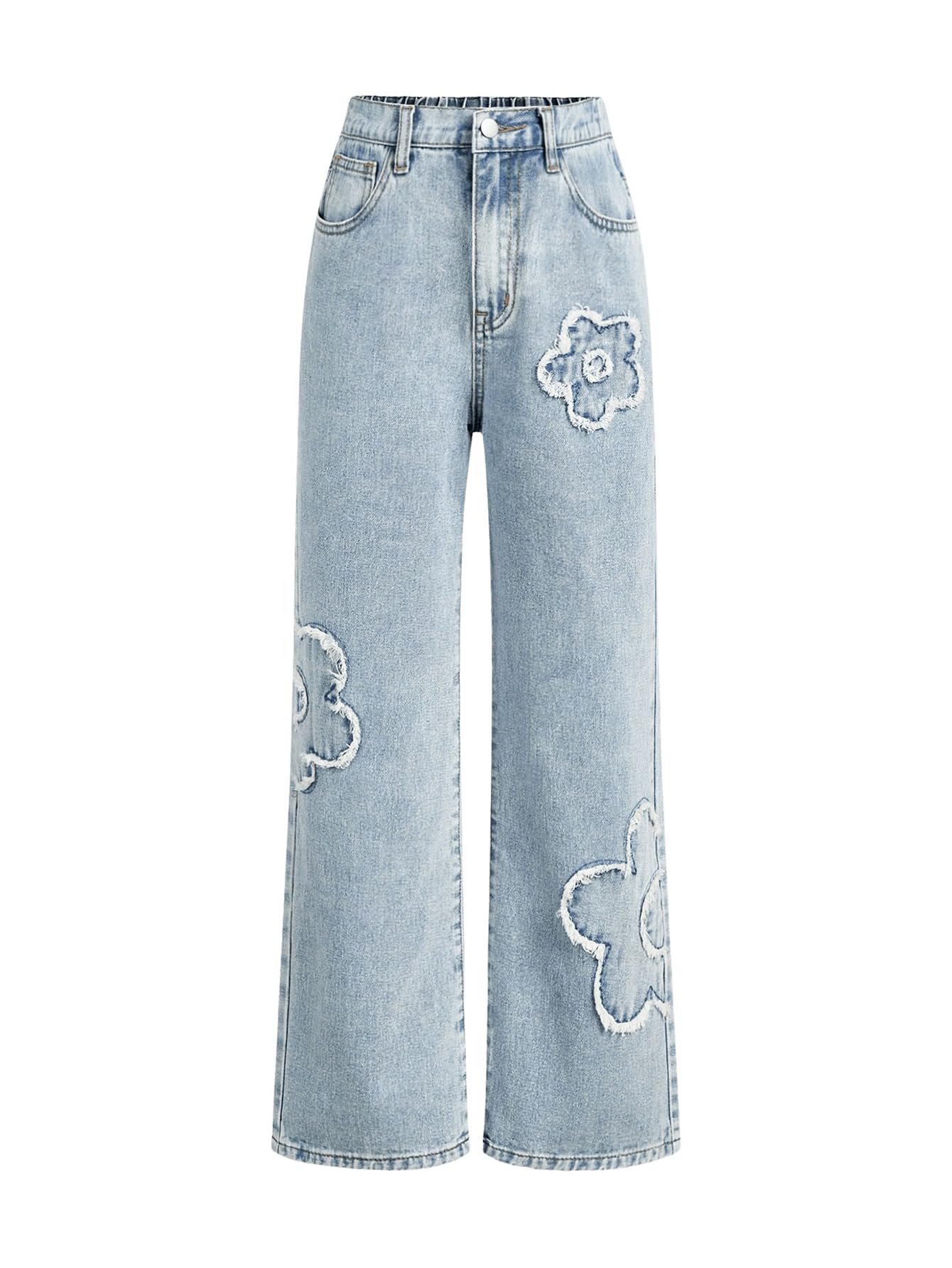 WDIRARA Girl's Bowknot Print Washed Jean Elastic Waist Denim Pants Straight Leg Trousers with Pockets