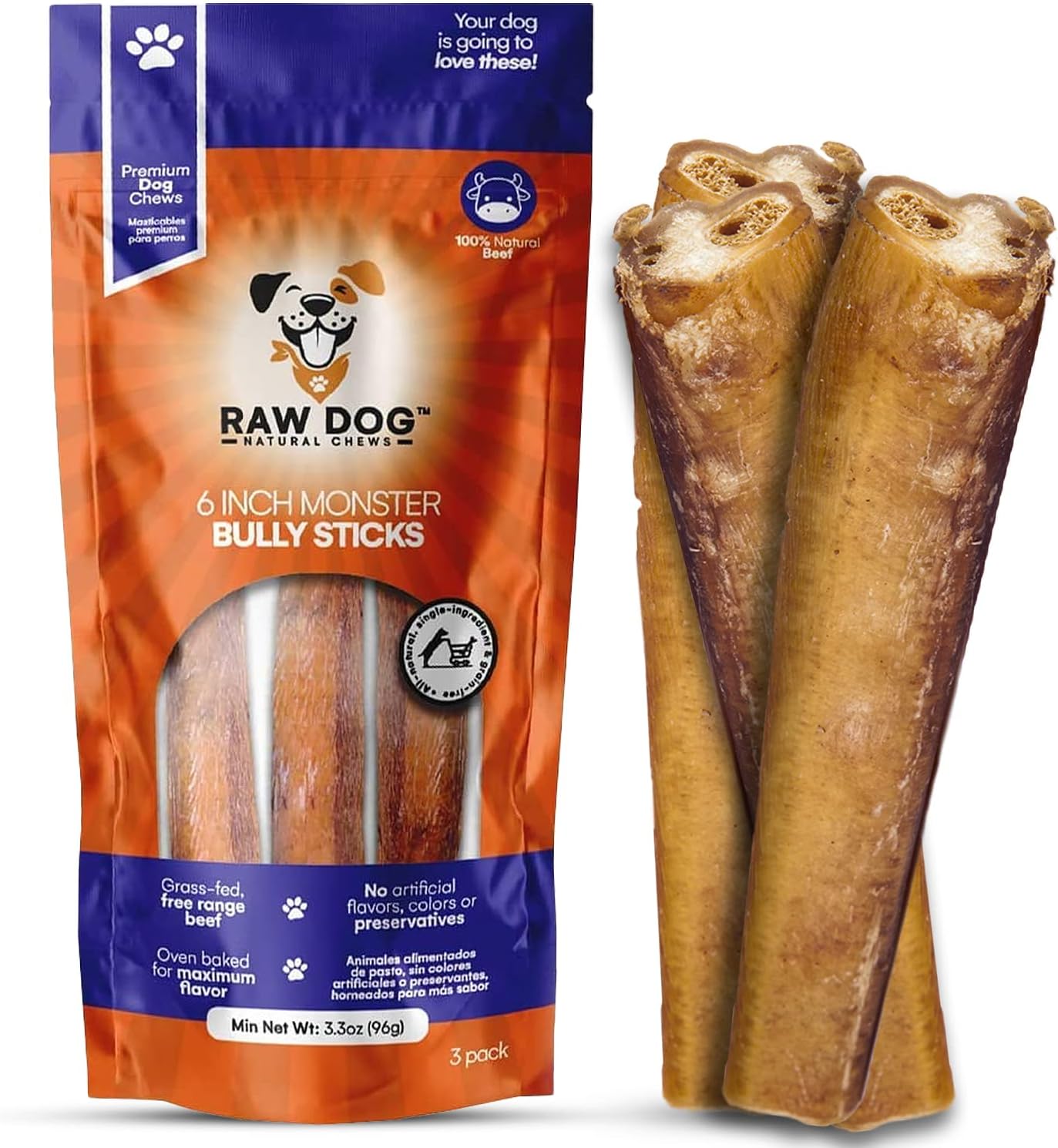 Raw Dog Bully Sticks All-Natural Dog Treats, 12 inch Monster Size, 3 pk, 100% Beef, Grass Fed, Non-GMO, Premium Odor Free Dog Chews, Bully Sticks for Large Dogs & Medium Dogs