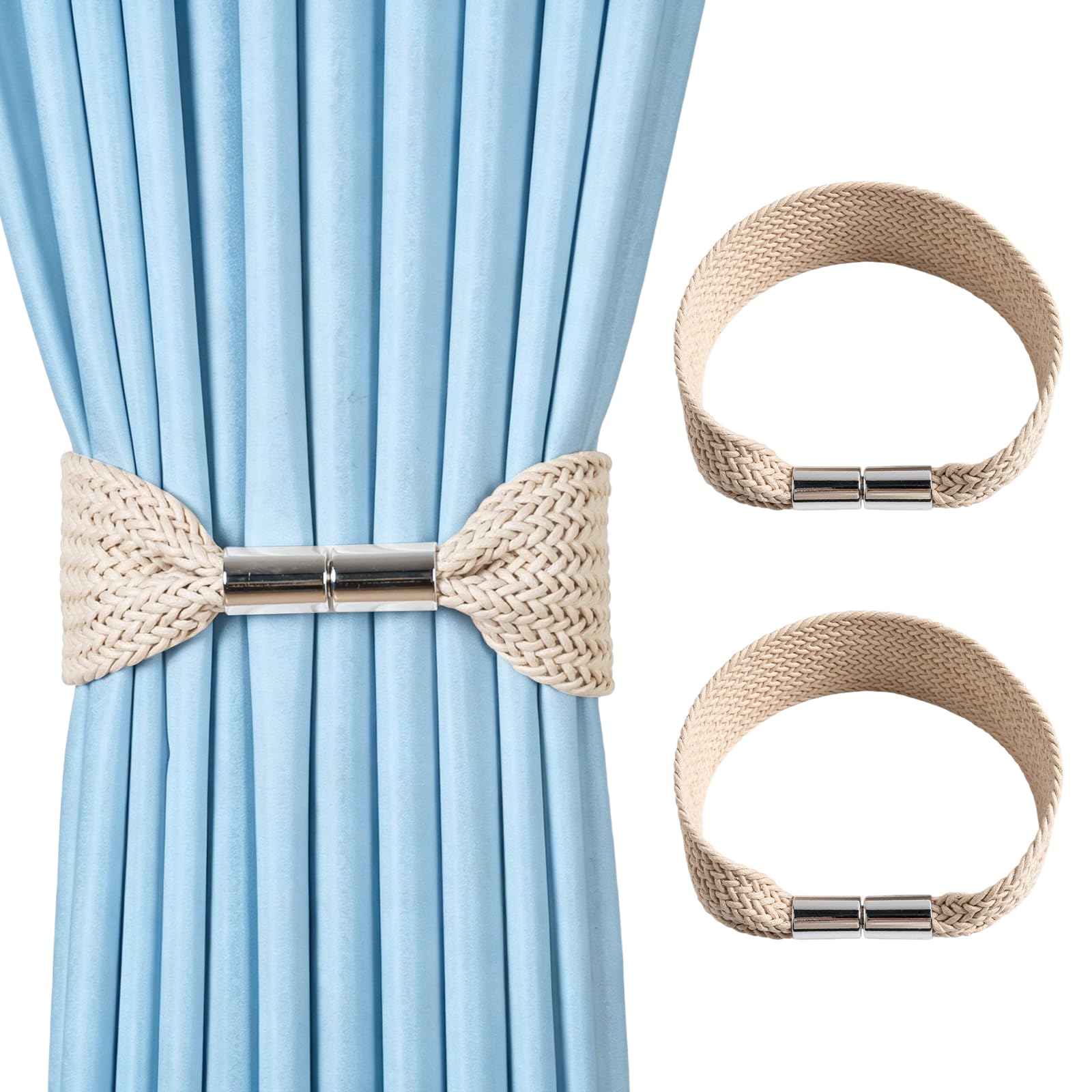 2 Pcs Magnetic Curtain Tie Backs, Modern Simple Style Curtain Tiebacks Curtain Holdbacks Drape Tie Backs, Elegant Magnetic Curtain Buckle Clips for Home Office Thin Thick Window Drapery Decor (Beige)