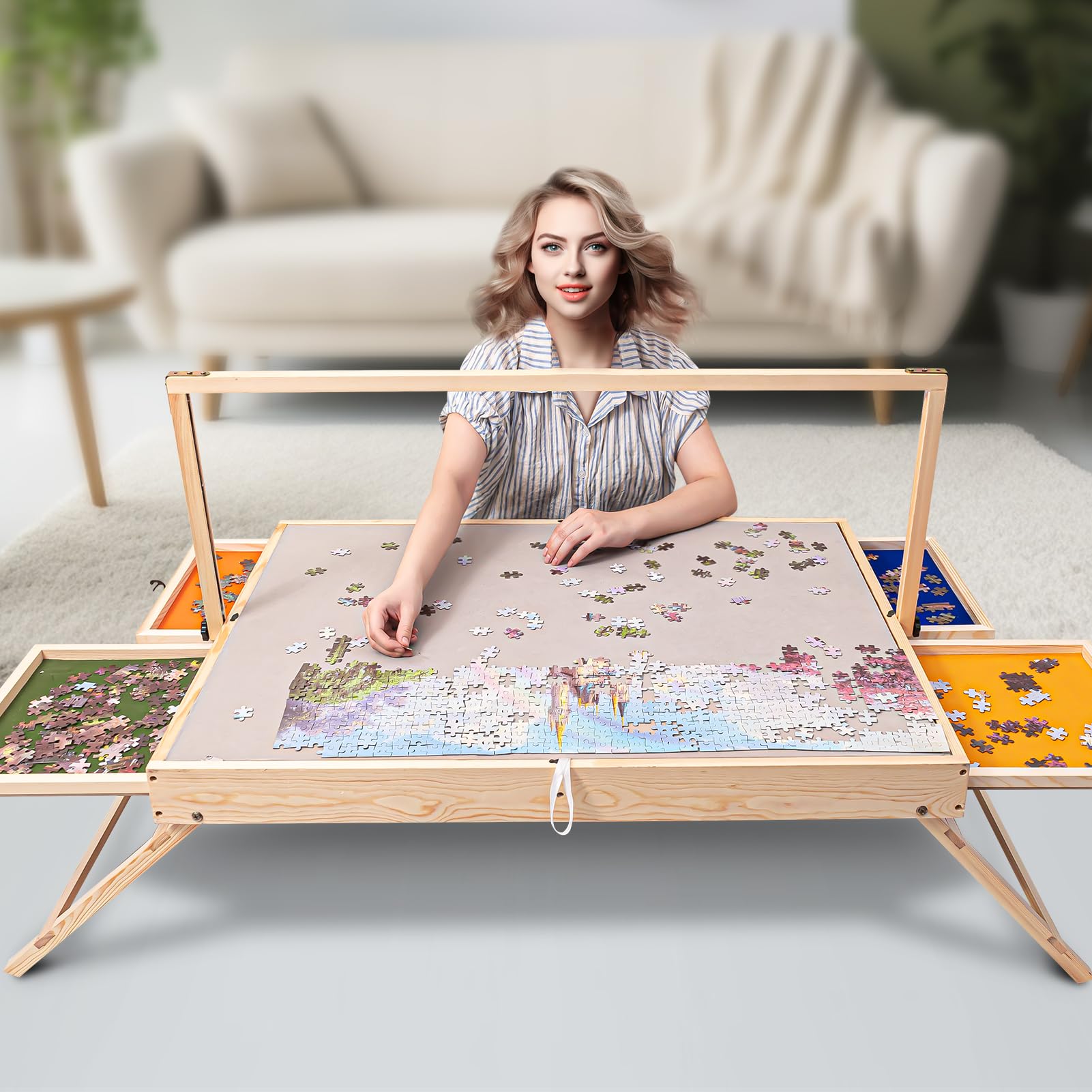 1500 Pieces Puzzle Table, 2 Angle Puzzle Board with Eye-protection Lamp, Wooden Puzzle Board with 4 Drawers, Cover, Portable Puzzle Board with Legs, 1000 Puzzle Tables for Adults, Kids, Christmas Gif