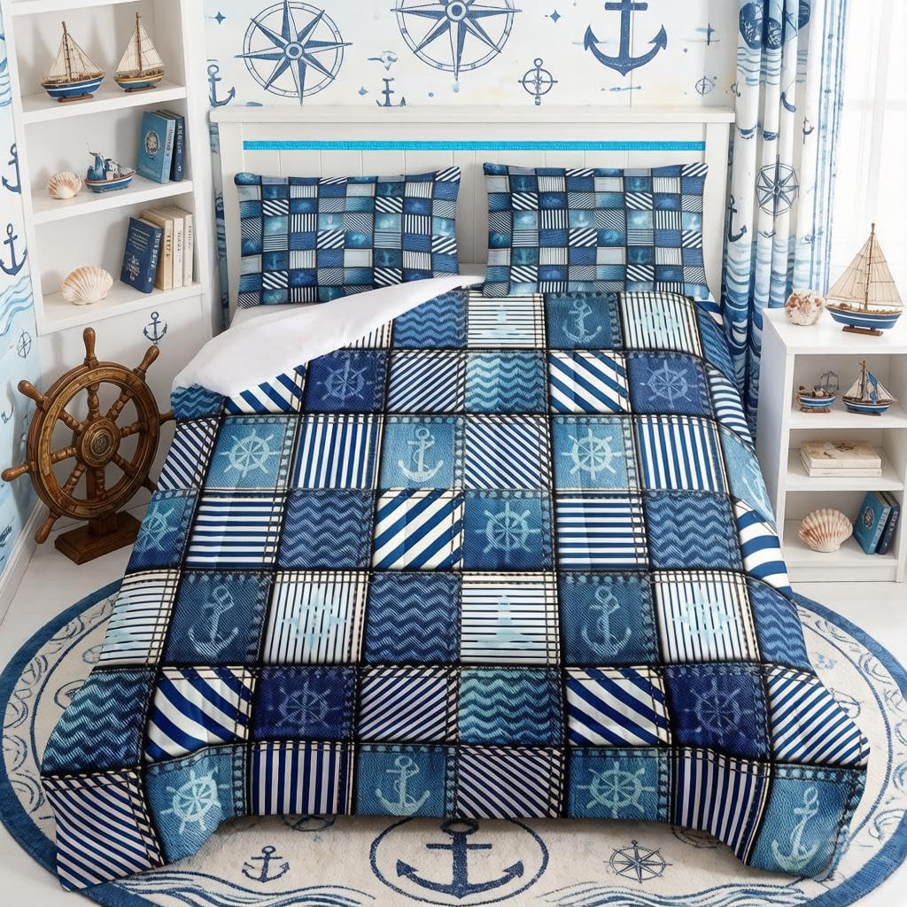 Loussiesd Duvet Set Lattice Grid Bedding Set Line Parttern for Child Kids Boys Girls Microfiber Anchor Blue and White Down Comforter Single Size