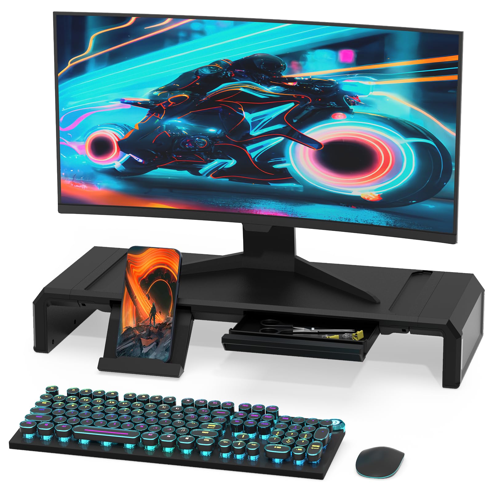 Heymaster Monitor Stand Riser, Foldable Computer Monitor Riser, Adjustable Length Computer Stand, Desk Shelf Riser with Storage Drawer &Tablet Phone