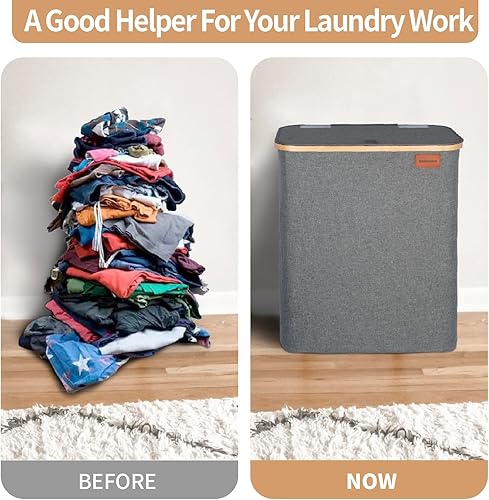 Miniatura 6 de BESHOOME Cesta de lavandería gris con tapa, cesta de lavandería extra grande de 140 L, cesta de lavandería de 2 secciones, cesta de lavandería con