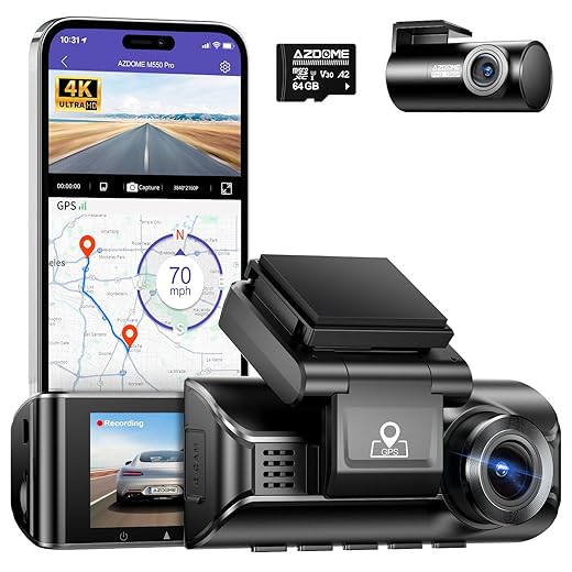 AZDOME 4K 5Ghz WiFi GPS Caméra Embarquée Avant Arrière Dashcam 4K+1080P avec Surveillance de Stationnement, Vision Nocturne, Enregistrement en Boucle, G Capteur, Supporte 256Go Max (M550Pro-2CH)