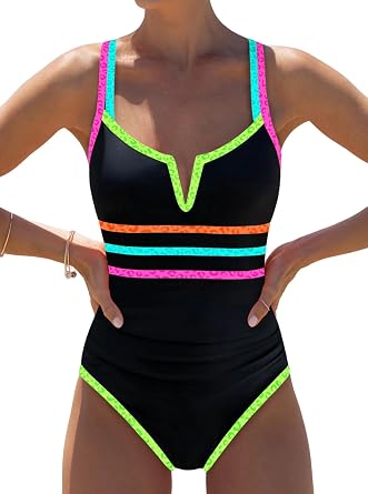 popvil Womens One Piece Swimsuit 2026 Tummy Control Bathing Suit with Colorblock Straps Contrast Trim Slimming Swimwear