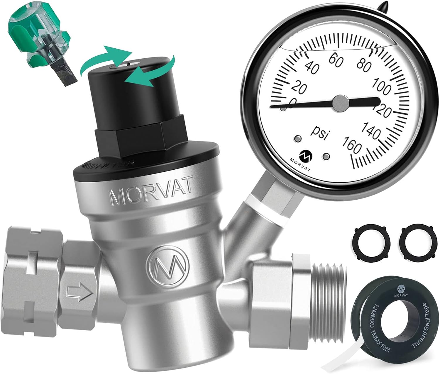 Morvat Premium Lead-Free Nickel Plated Brass RV Water Pressure Regulator Adjustable Valve with Oil Filled Gauge for Camper, Includes Screwdriver, Roll Of Teflon Tape & 2 Extra Rubber Washers