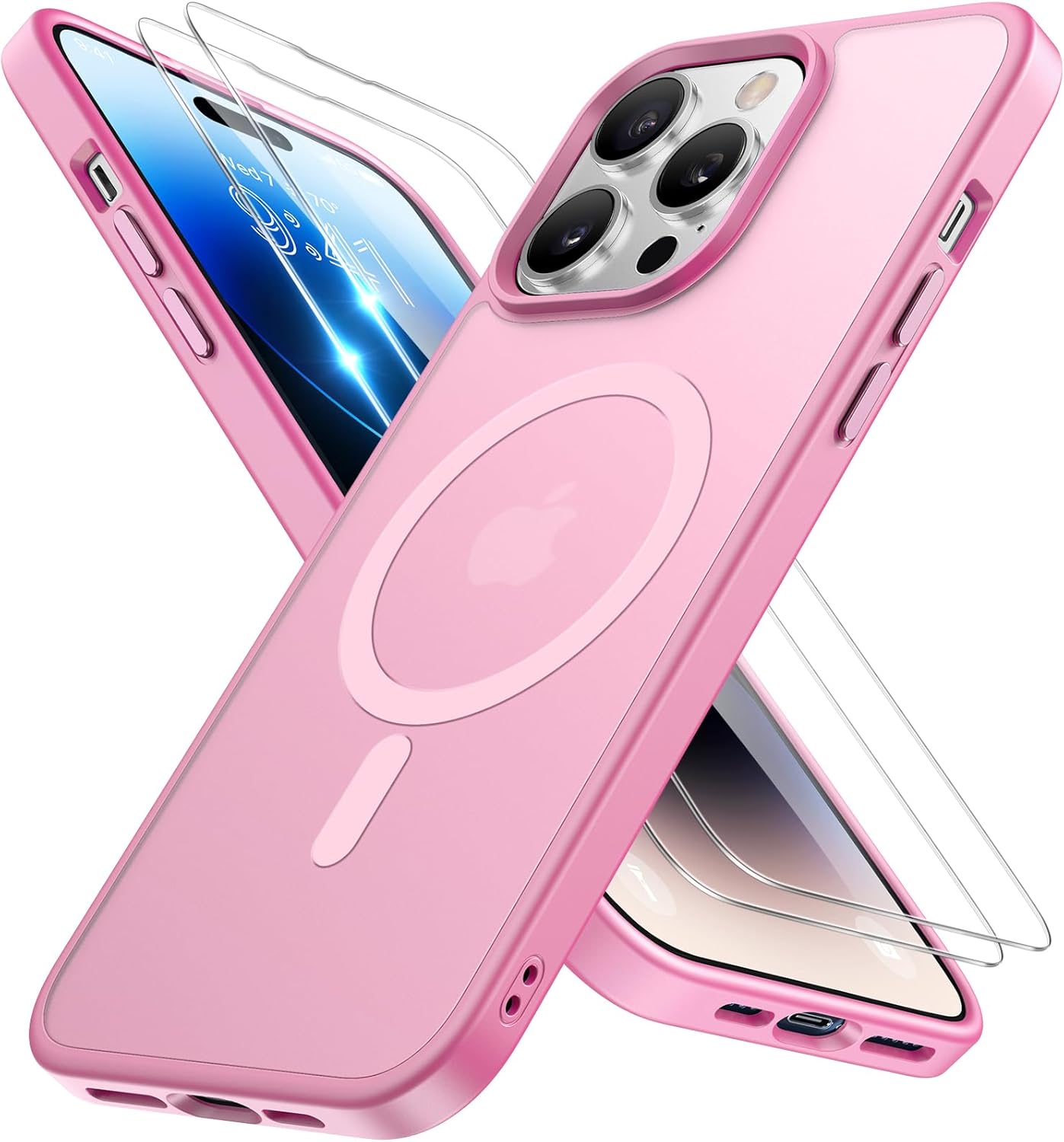Miracase Magnetic for iPhone 14 Pro Max Case 6.7 inch (Compatible with MagSafe)?with 2X Screen Protectors? Military-Grade Protection, Anti-Fingerprint Translucent Matte Phone Case Cover, Mes Pink iPhone 14 Pro Max Light Pink