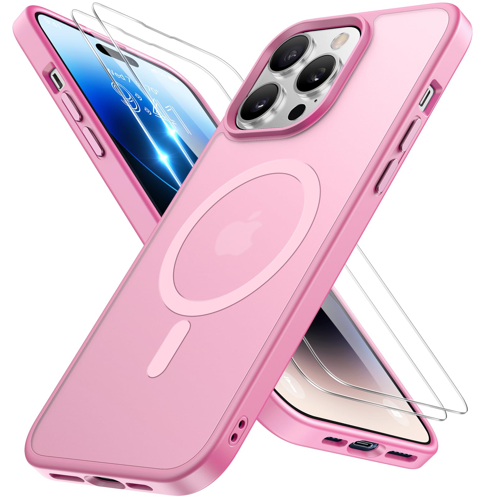 miracase Magnetic for iPhone 14 Pro Max Case 6.7 inch (Compatible with MagSafe)（with 2X Screen Protectors） Military-Grade Protection, Anti-Fingerprint Translucent Matte Phone Case Cover, Mes Pink