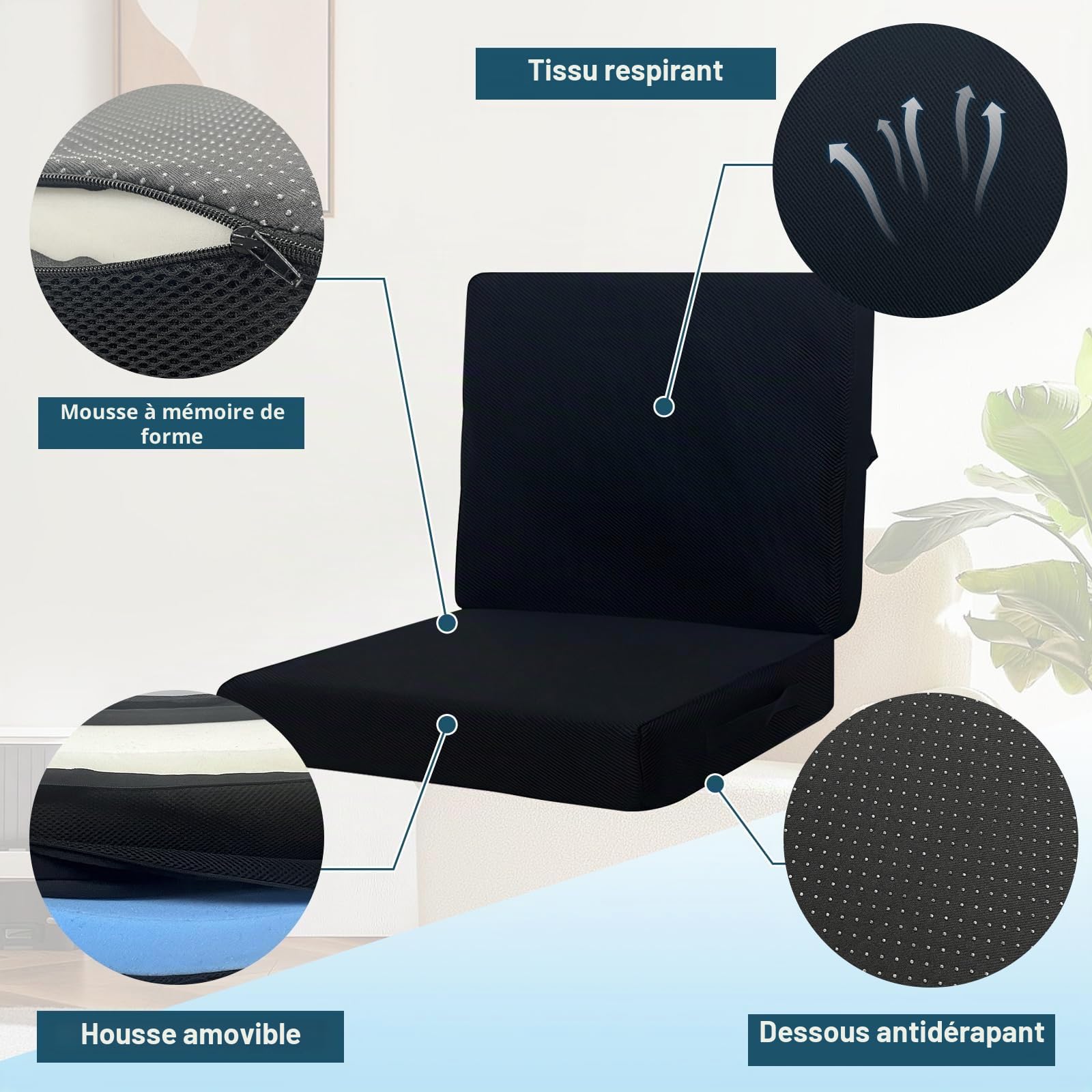 Coussin d'assise avec Dossier pour chaises de Bureau sièges Auto et fauteuils roulants. Rehausseur de siège épais avec Dossier Coussin de Chaise en Mousse à mémoire de Forme Coussin Soutien Lombaire