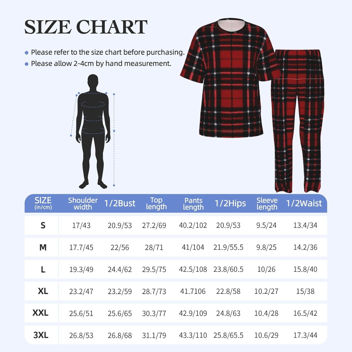Men'S 2 Piece Loungewear Pajama Set Red And Black Plaid Print Short Sleeve Tee Top And Pants Set S-3xl