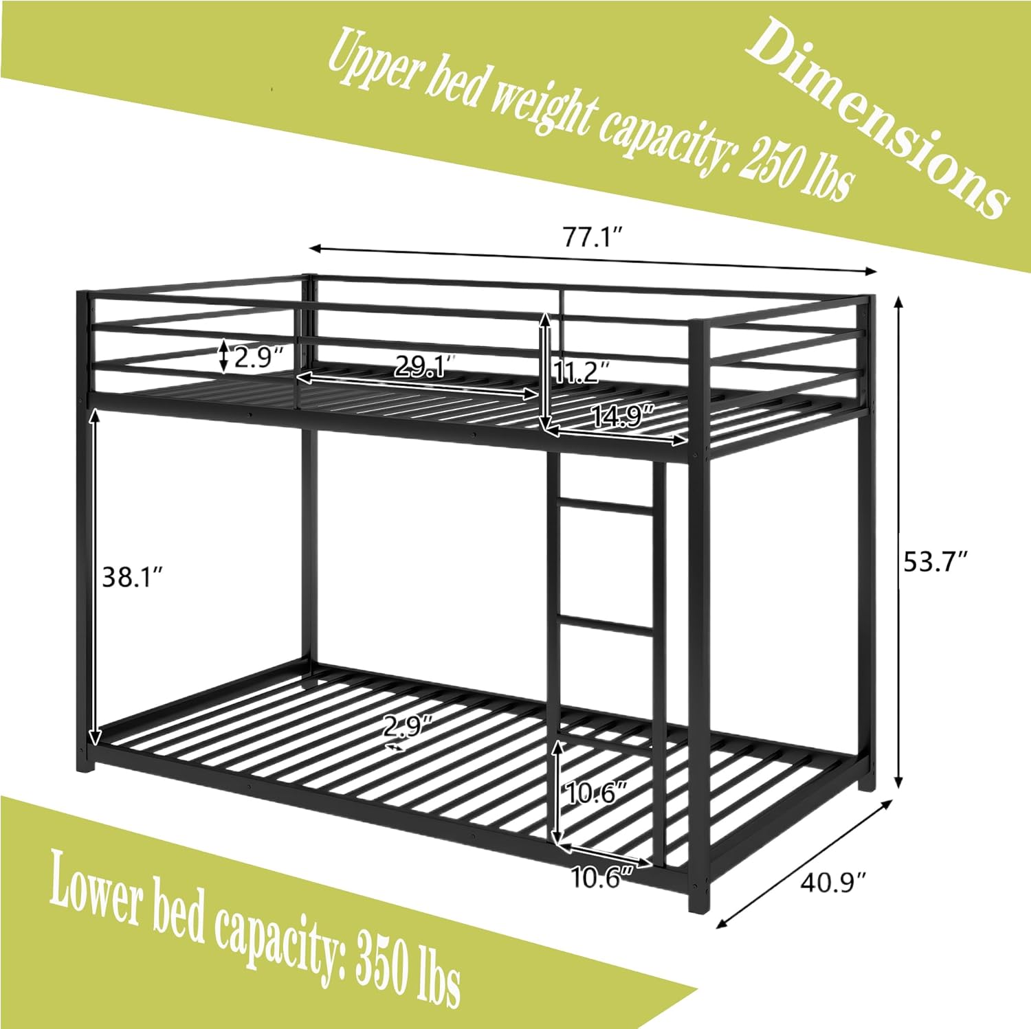 Twin Over Twin Metal Bunk Beds,Metal Low Floor Bunk Bed for Kids,Heavy Duty Bed Frame with Safety Guard Rail & Ladder for Girls Boys Adults Dormitory Bedroom,No Box Spring Needed,Noise Free (Black)
