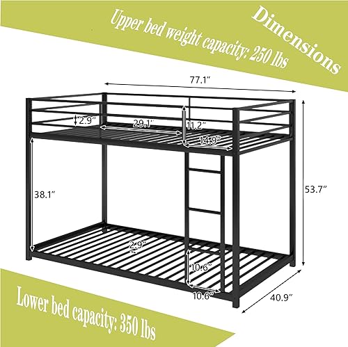 Miniatura 8 de Literas de metal de tamaño individual sobre individual, litera baja de metal para niños, marco de cama resistente con barandilla de seguridad y
