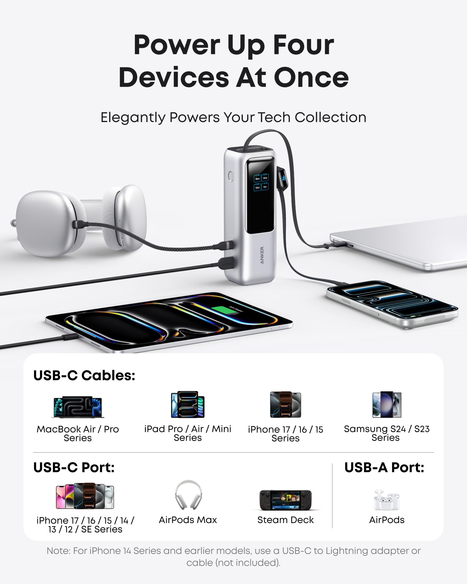 Anker Laptop Power Bank, 25,000mAh Portable Charger with Triple 100W USB-C Ports, Built-in Retractable Cables, Flight-Approved for Travel, iPhone 17/16 Series, MacBook, Samsung, and More