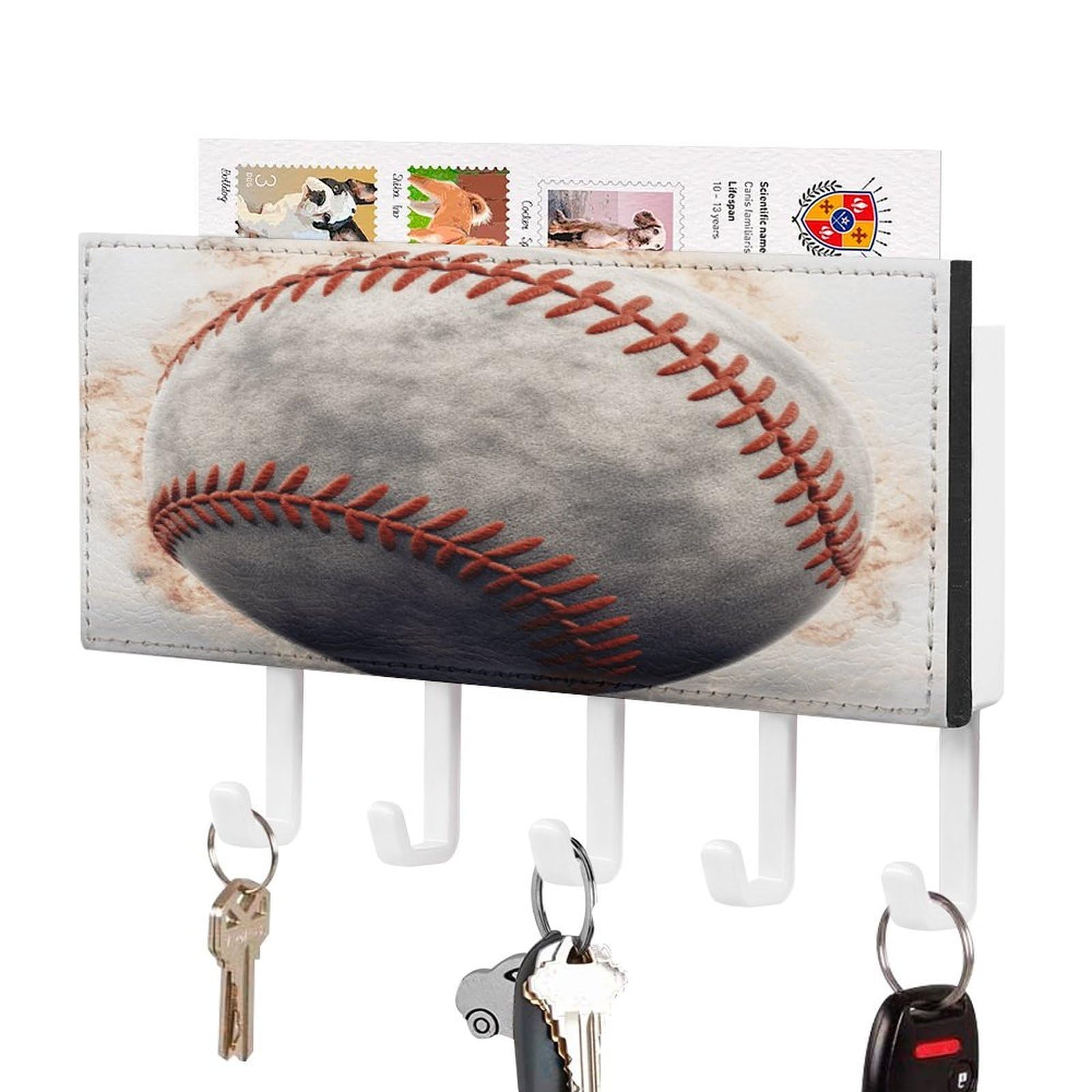 JTREHY Baseball Key Holder Wall Mount Decorative Key and Mail Holder PU Leather Adhesive Key Organizer Hanging Key Hooks Wall Shelf with 5 Hooks for Entryway Hallway Office