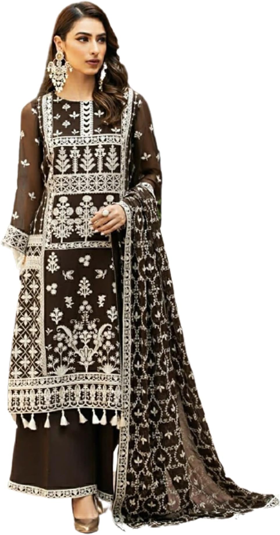 Black Muslim WOman party & formal Georgette white embroidery pakistani shalwar suit 1899