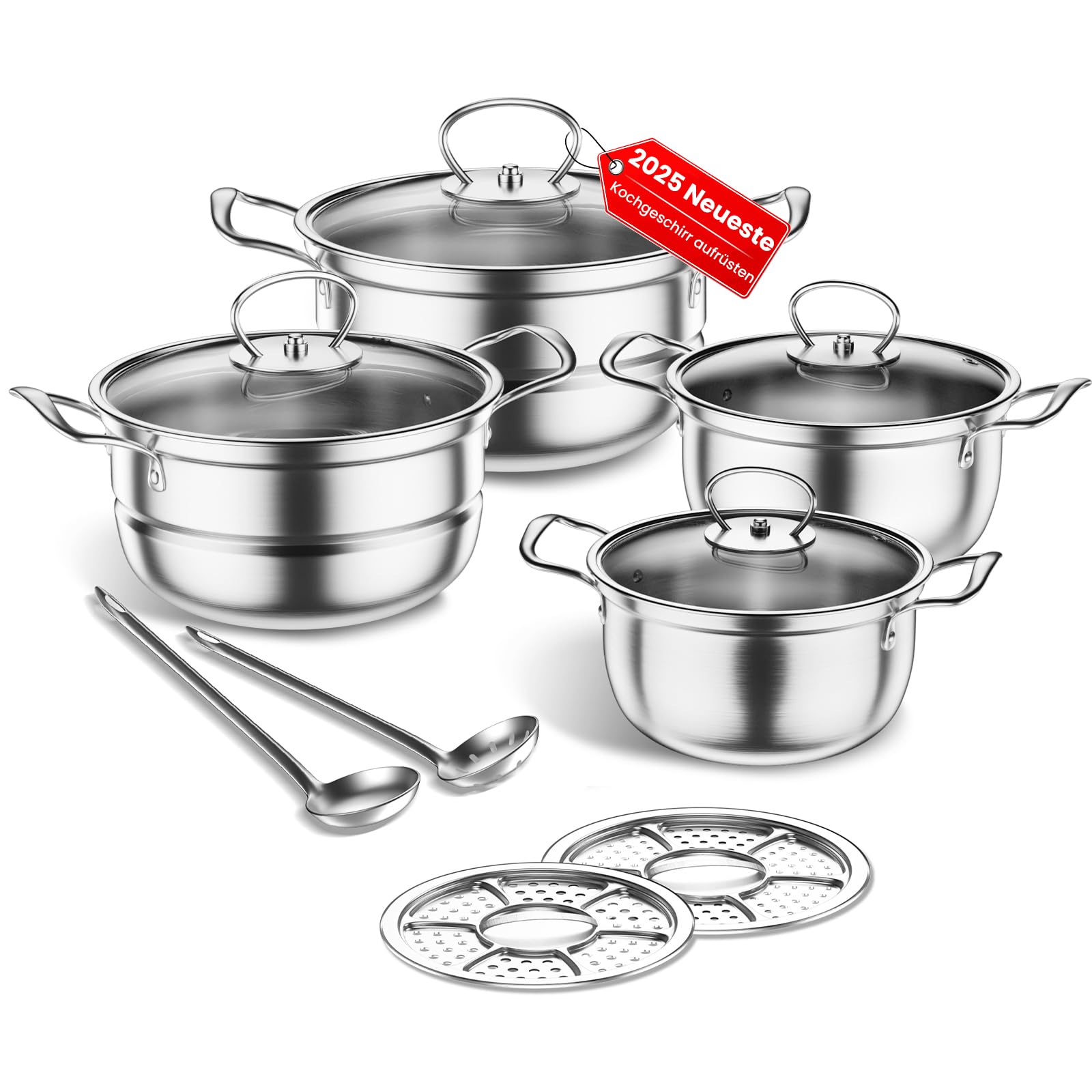 Juego de ollas de acero inoxidable, 12 piezas, juego de ollas con vaporizador y cuchara, juego de ollas grandes para inducción, juego de ollas aptas para todo tipo de cocinas, sin revestimiento (plata