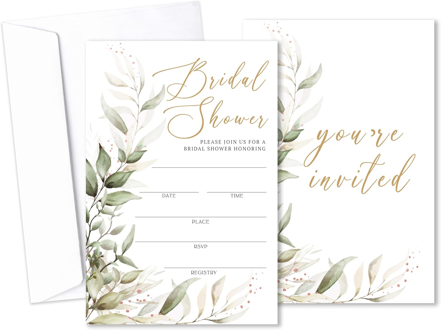 Gold Foil Greenery Bridal Shower Invitations With Envelopes, Minimalist Wedding Invites, Bridal Shower Invitation For Engagement Bachelorette Party, Set of 25 -B01