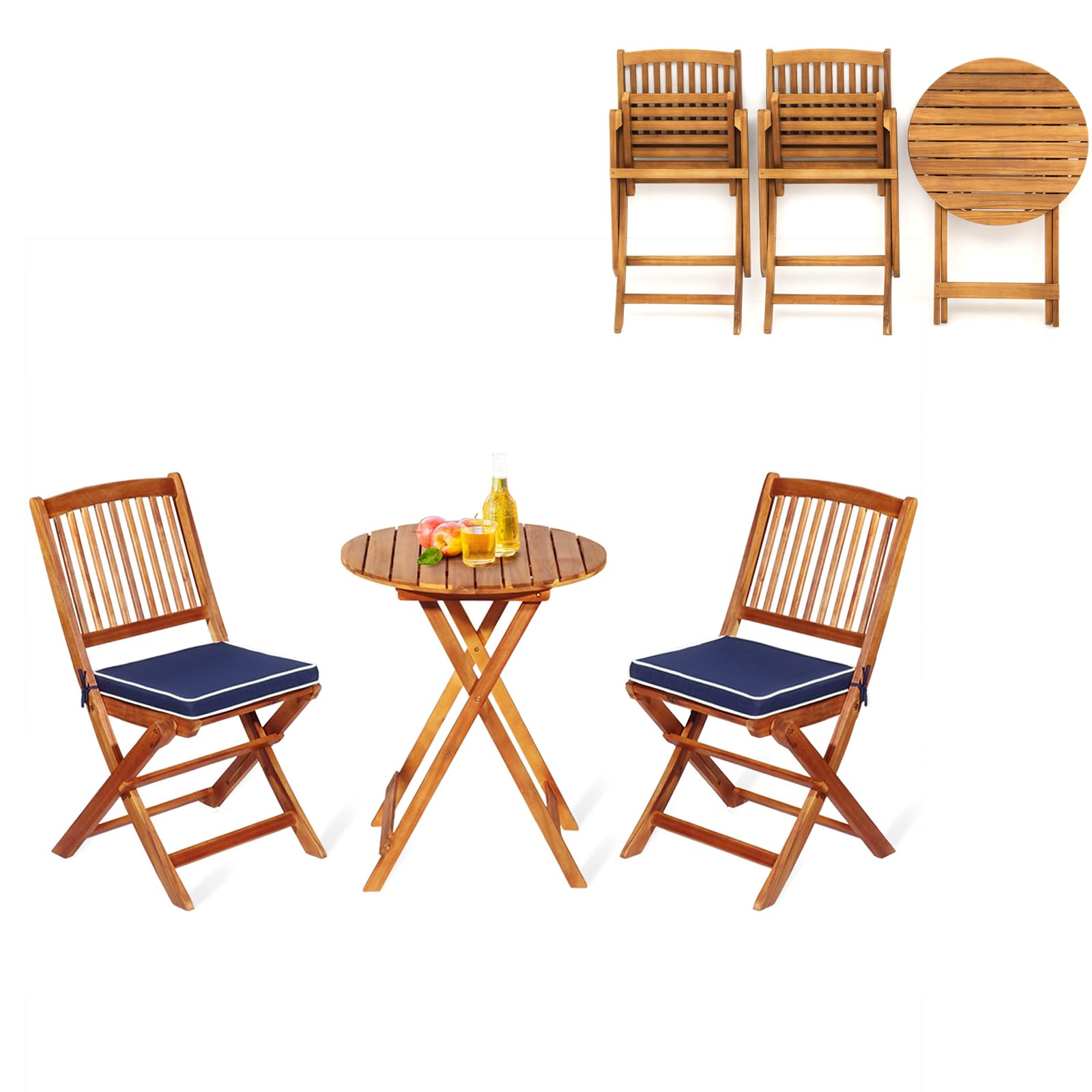 KOMFOTTEU Juego Mesa y 2 Sillas Plegables para Exterior, Conjunto de Muebles de Madera de Acacia para Jardín, Set de Asientos con Cojines y Mesa Redonda, para Patio, Terreza, Balcón (Cojín Azul)