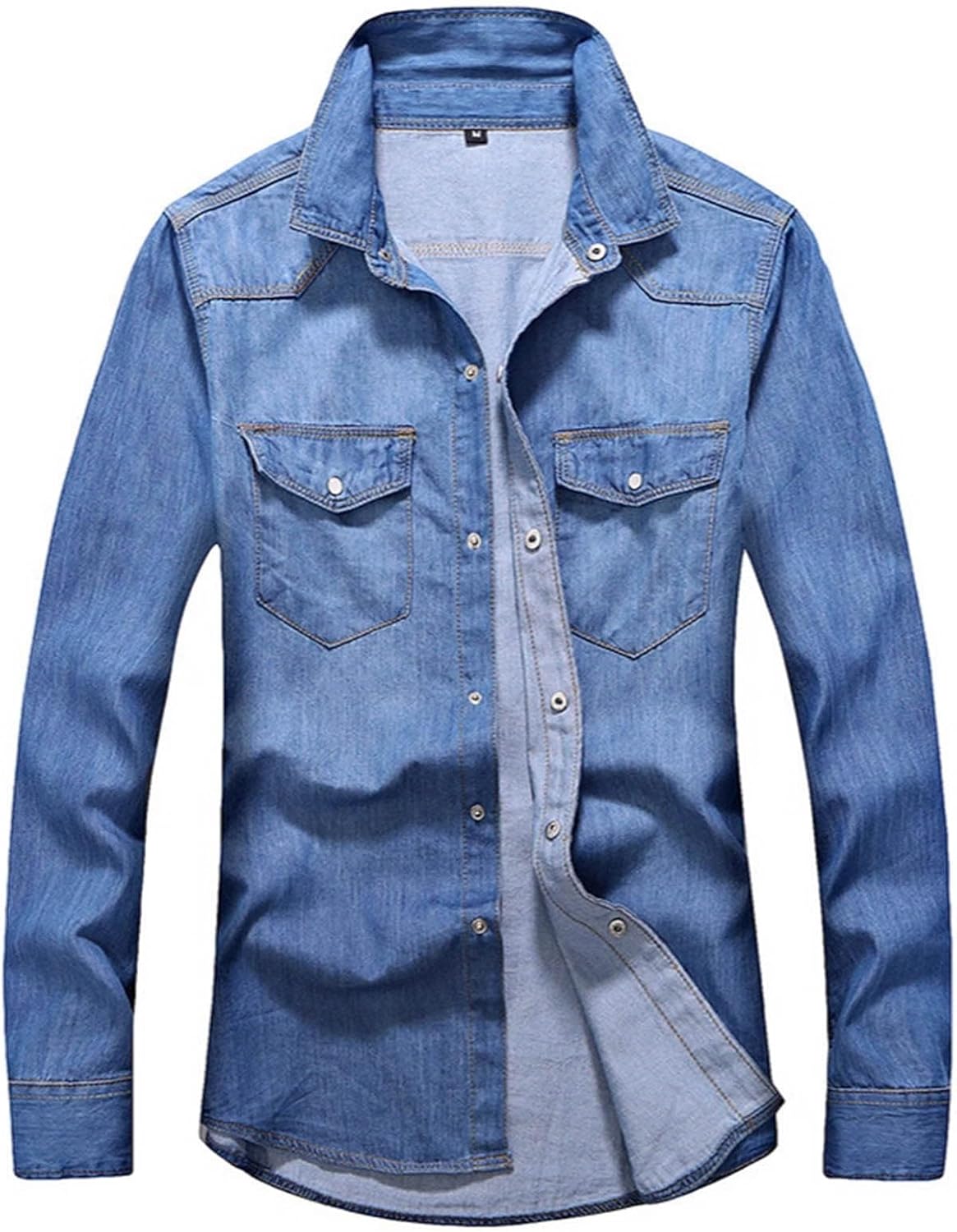 Men's Lapel Collar Denim Shirts 2026 Stylish Loose Long Sleeve Button Down Blouses Business Casual Jean Shirt