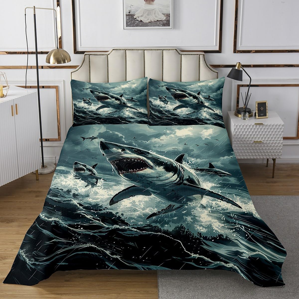 Erosebridal Ocean Shark Kids Bedspread Set Sea Theme Twin Quilt Set for Boys Girls Teen,Wildlife Animal Coverlet Set Ocean Storm Shark Bed Set Bedroom Decor 2 Pcs