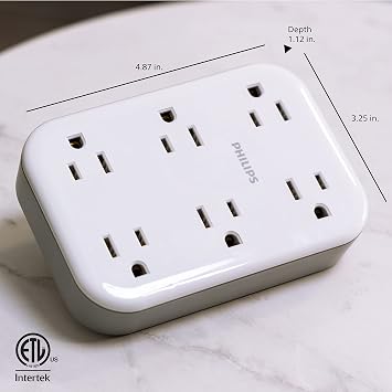 Philips Surge Protector Outlet Extender, 6 Outlet (Wide-Spaced), 900 Joules