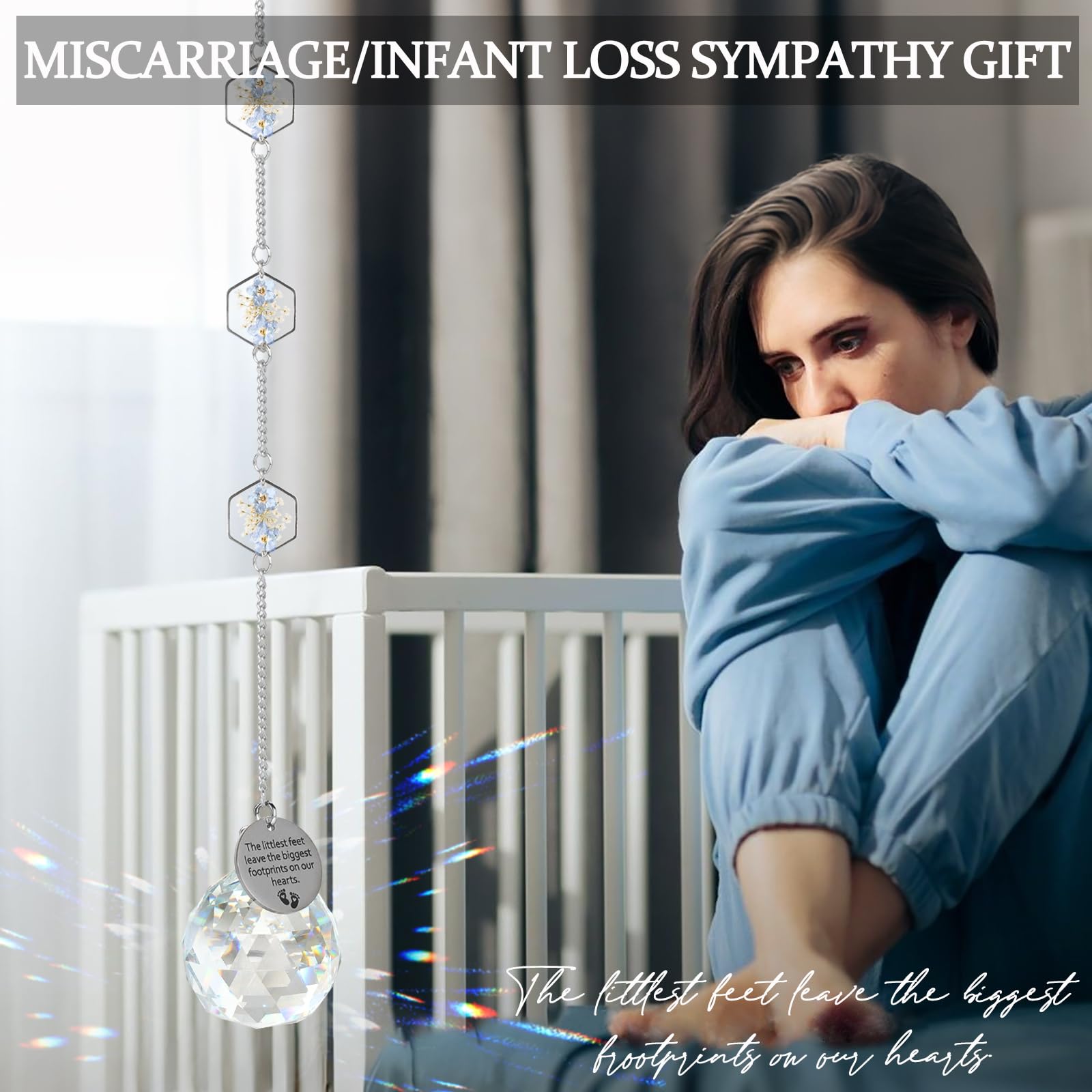 Miscarriage Memorial Suncatcher Gifts for Mothers Dad, Handmade Forget Me Not Baby's Breath Pressed Flower Miscarriage Ornament, Bereavement Remembrance Gift for Loss of Baby (Blue White)