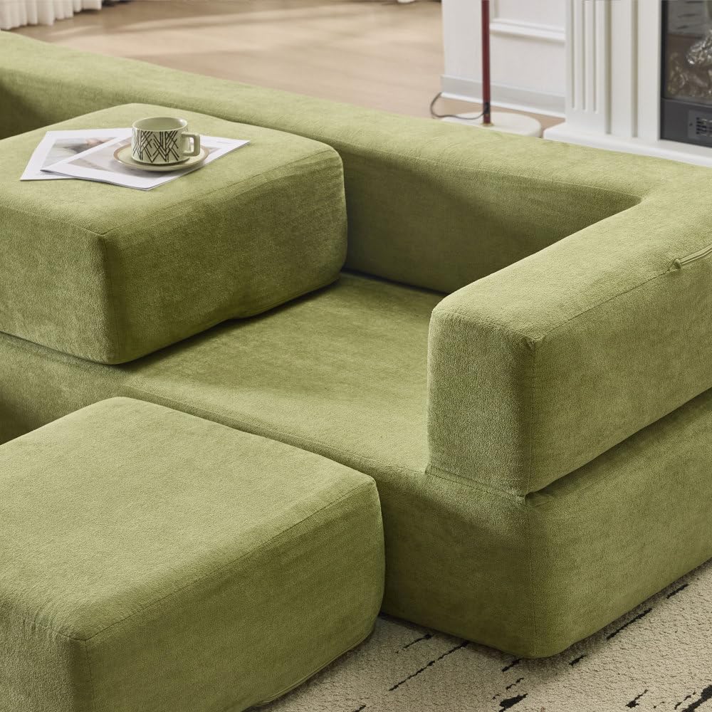 Canapé d'angle Convertible,canapé Convertible,Ensemble canapé lit Convertible avec 3 Repose-Pieds,Lit en Mousse Haute résilience, canapé de Sol Gain de Place en Chenille (Vert)