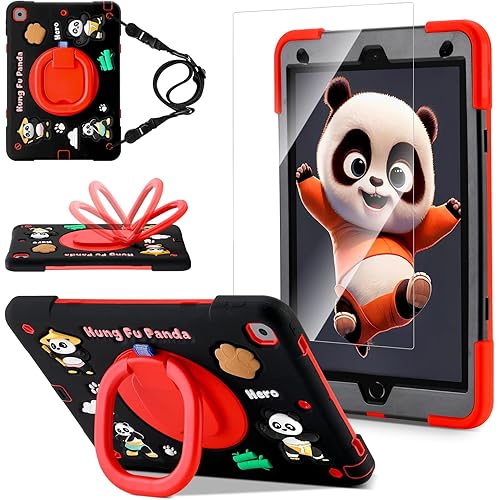 Case for iPad 9th/8th/7th Generation,Cute 3D Cool Panda Warrior Design Cover with Screen Protector, Rugged Protective Cartoon Case with Stand/Strap/Pen Slot for iPad 10.2 Kids Teens (Black+Red)