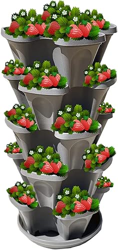 Jardín de fresas apilable de 5 niveles, maceta apilable para interiores y exteriores de 24 cuartos de galón con platillo de goteo, cultiva hierbas,