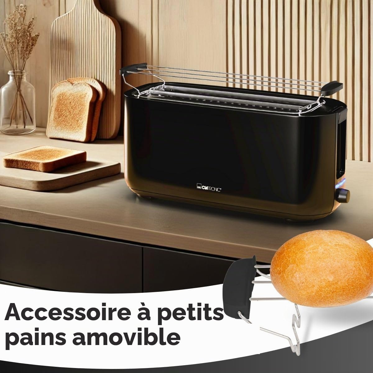Grille-pain 4 tranches Clatronic | avec support pour petits pains | Grille-pain | Grille-pain à fentes longues | pour petits pains grillés et gaufres prêtes à consommer | TA 3802 noir