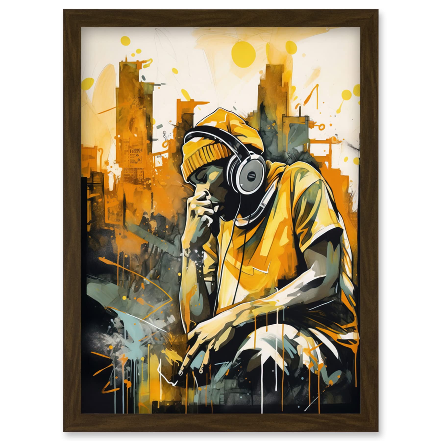 Artery8 Abstract Cityscape Young Man Wearing Headphones Listening to Music Modern Watercolour Illustration Artwork Framed Wall Art Print A4