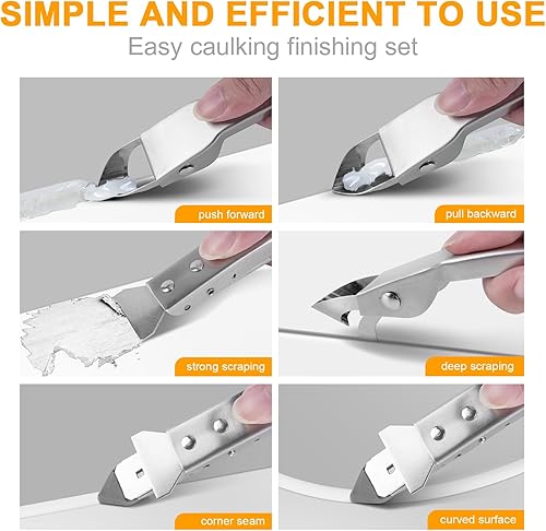 Miniatura 7 de Kit de herramientas de calafateo de acero inoxidable removedor de lechada de silicona 4 en 1, raspador de eliminación de sellador - Fácil acabado de