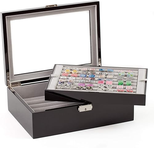 Caja grande de almacenamiento de gemelos negros y anillos con organizador de joyas de doble capa, caja de almacenamiento de anillo, vitrina de
